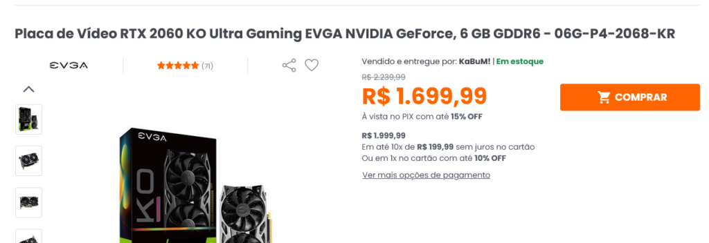 Placa de Vídeo RTX 2060 KO Ultra Gaming EVGA NVIDIA GeForce, 6 GB